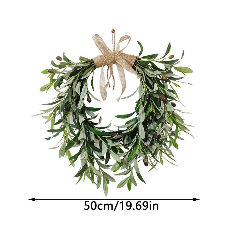 Couronne de feuilles d'olivier artificielles avec nœud rustique en toile de jute, 50 cm (19,69 po), fausse verdure à suspendre pour porte d'entrée, mur, décoration de maison de style champêtre et décoration de mariage