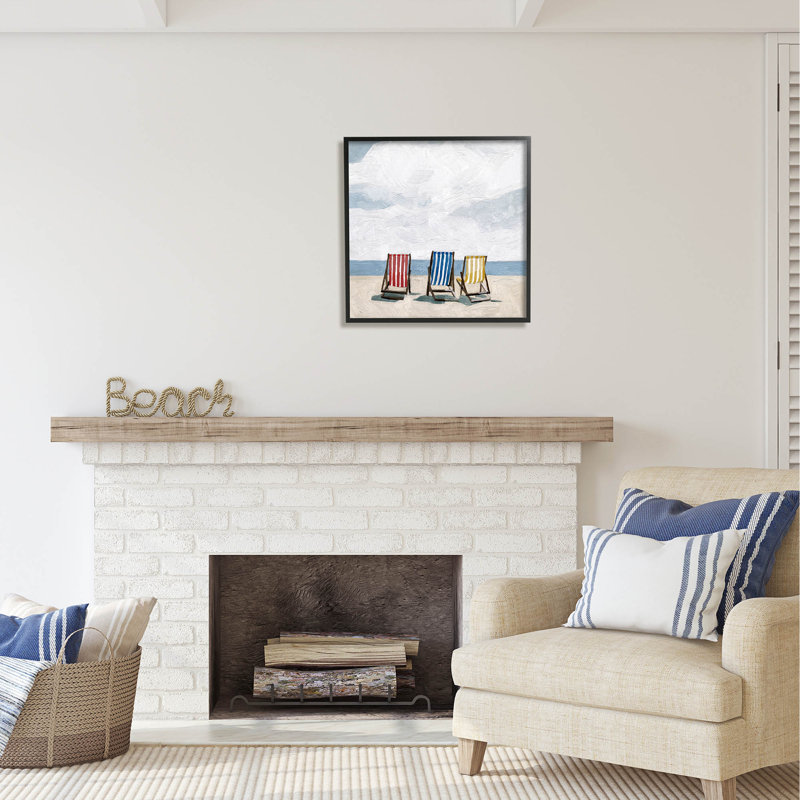 «Au-412-Giclee Beach Chairs Coastal Cloudy Shore» par Emma Scarvey, peinture, Giclée encadrée noir minuit