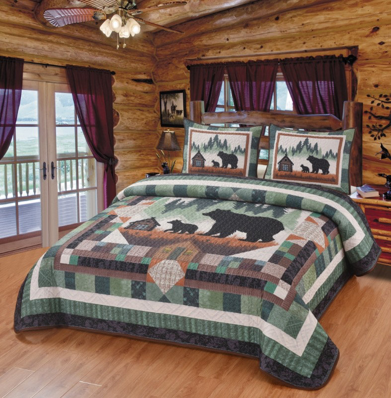 Ensemble de literie à courtepointe Bear Cabin in the Pines, Courtepointe pour grand lit + 2 taies décoratives