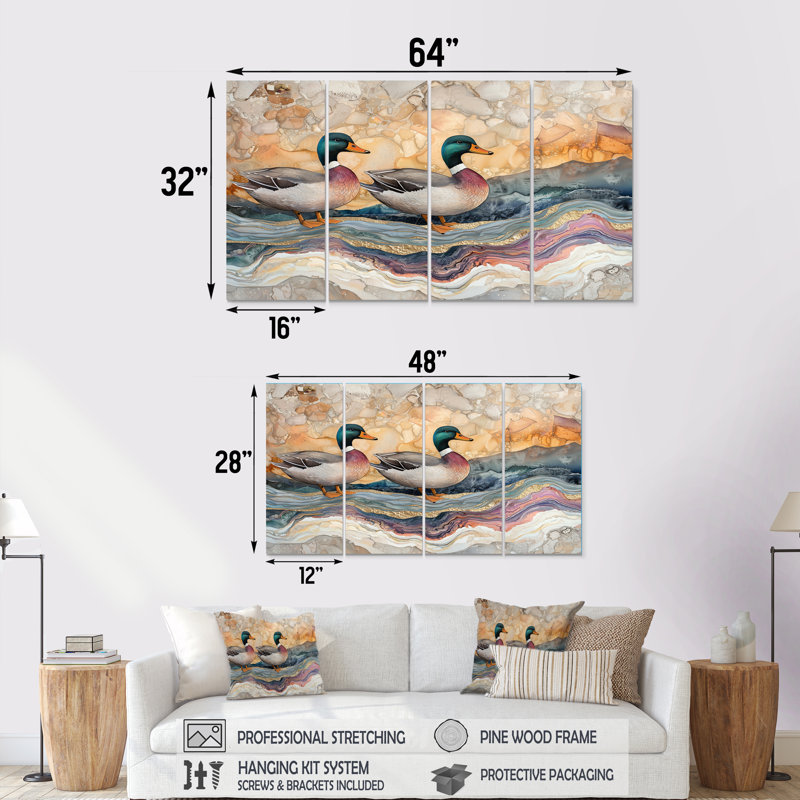 «Ducks Family At The Lake Landscape IV» - Art mural animal canard - Art mural moderne sur toile, H 32 po x l 64 po