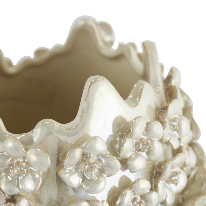 Cream Ceramic Floral 3D Decorative Vase with Iridescent Glaze, 9" x 9" x 17"