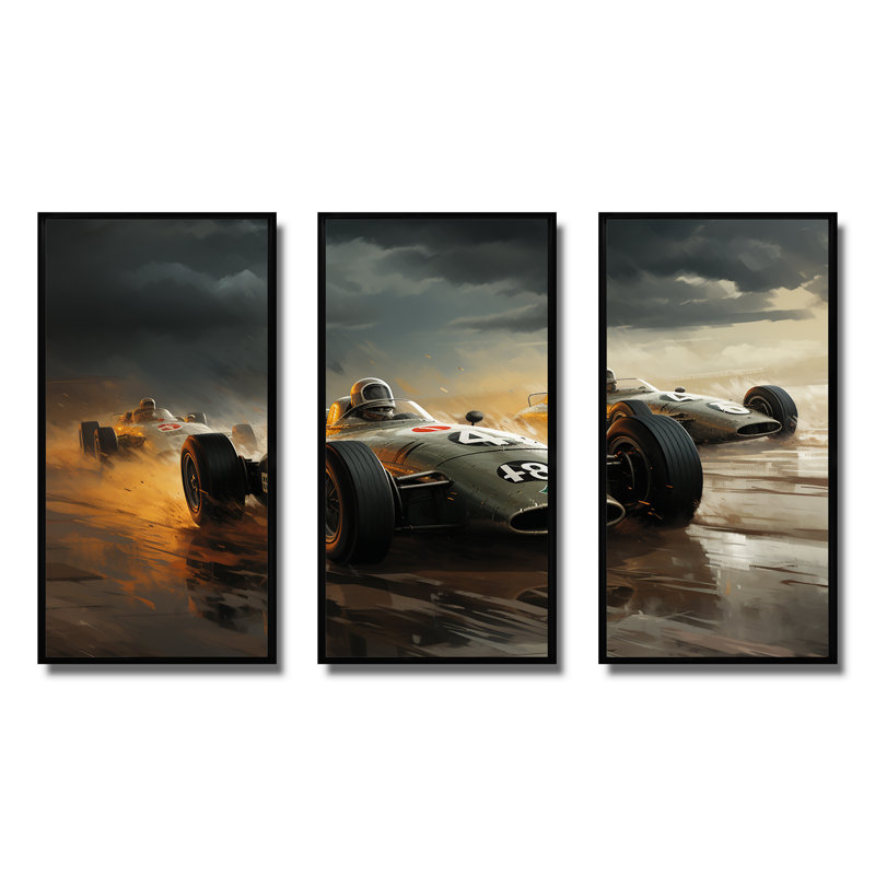 Jaune et noir, Grand Prix, voiture de course III, art mural, Cadre flottant noir, H 32 po x l 48 po