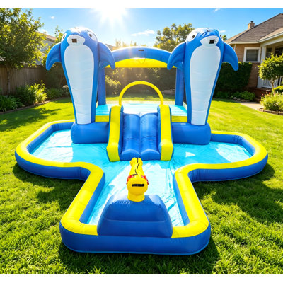 Parc aquatique gonflable 8-en-1 pour enfants, maison gonflable avec glissade, trampoline, arroseur de dauphins, jeux de cible, pistolet à eau et panier de basketball - jardin extérieur