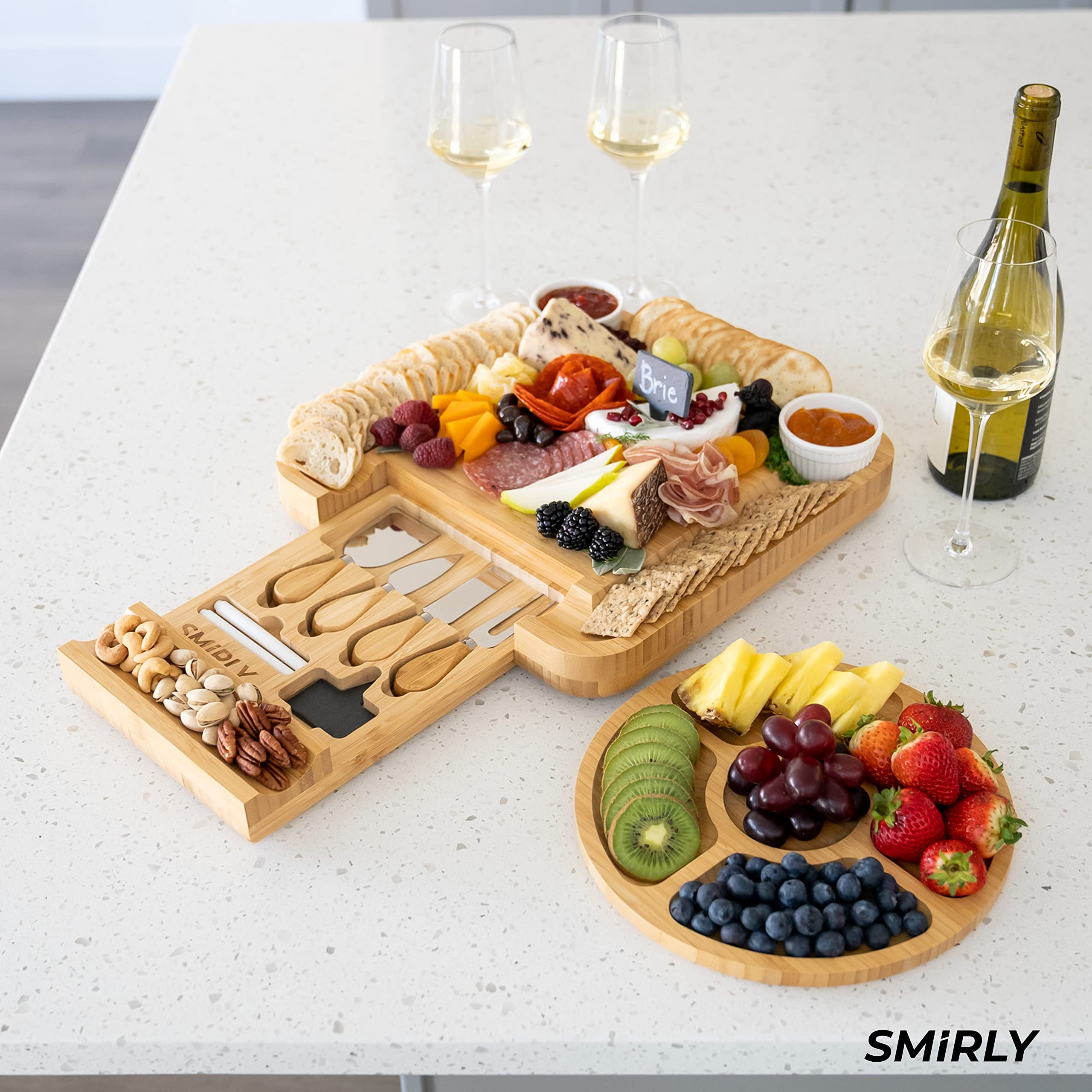SMIRLY Bamboo Cheese Board & Knife Set: Large Charcuterie Wooden