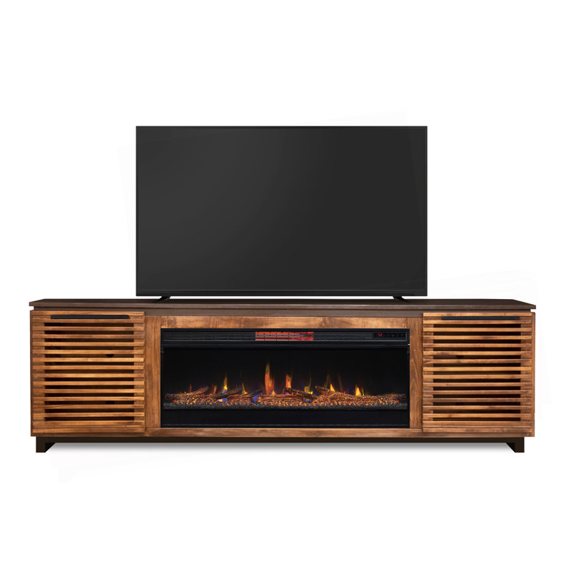 Meuble télé 86 po pour téléviseur de 100 po ou moins, assemblage minimal, noir avec finition bourbon