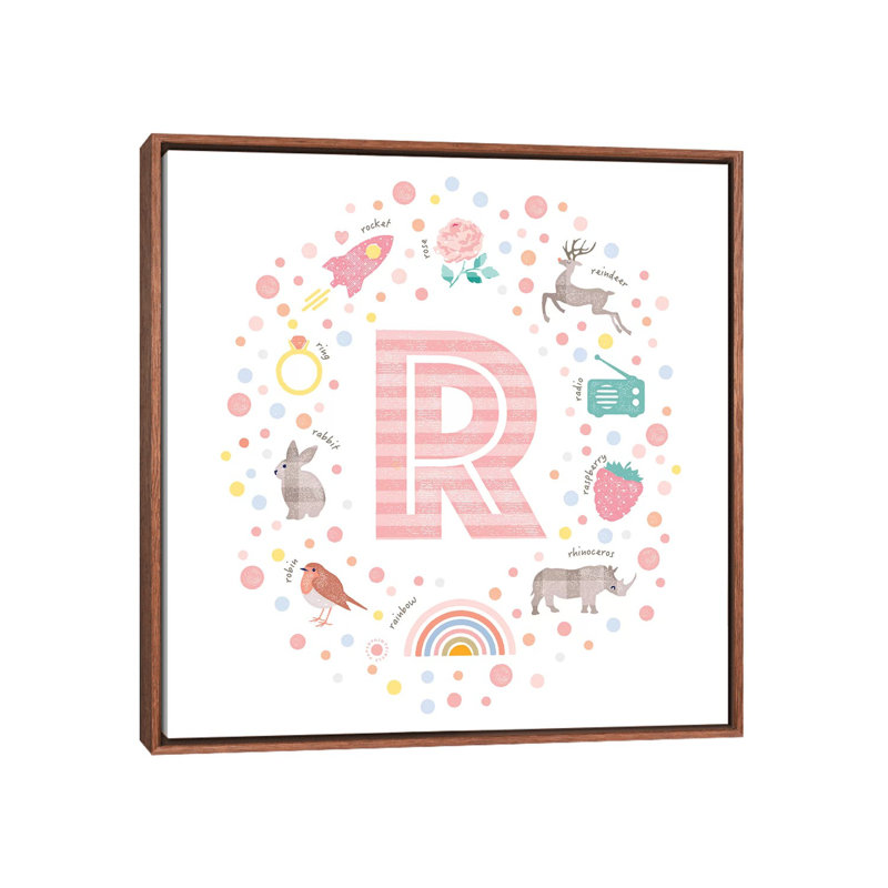 Lettre illustrée R rose - impression, Pas de tapis, Toile avec cadre brun, H 18 po x l 18 po x 1,5 po