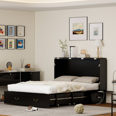 Queen Murphy Bed with Charging Station Cabinet - Space Saving Wall Bed for Guest Room, Study, Apartment with Built In USB Ports ( Included Mattress) Black