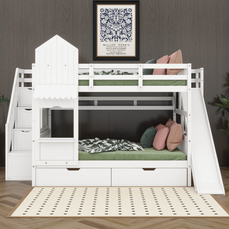 Lit superposé double de style château avec 2 tiroirs, 3 tablettes et glissières, rails de sécurité robustes, Blanc