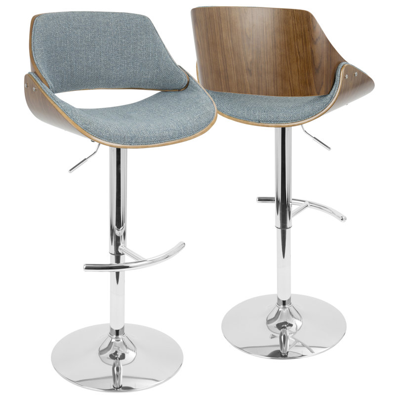 Tabouret de bar réglable Mid-Century avec pivot en tissu noyer et bleu par - ensemble de 2, Siège bleu / structure chromée