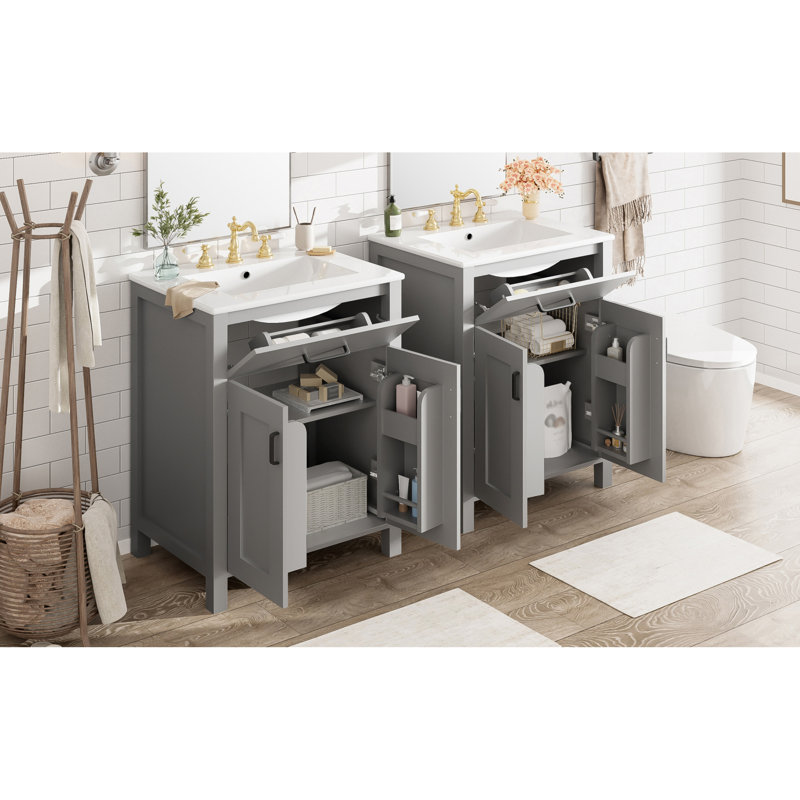 Élégant meuble-lavabo double à fermeture douce en bois massif de style transitionnel