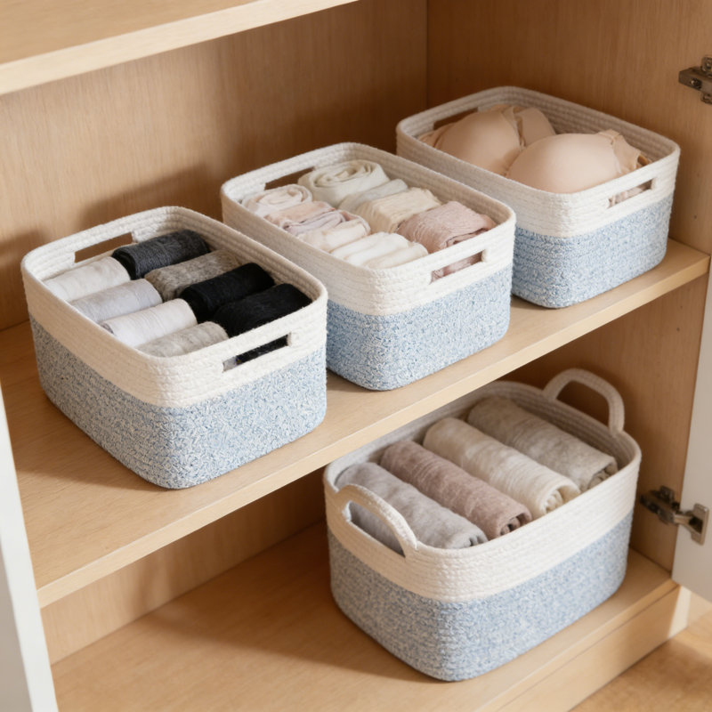 Set Of 4 Cotton Rope Storage Baskets With Handles, 13X9x7.8 Inch Woven Shelf Organizer, Light Blue & White, Light Blue/White