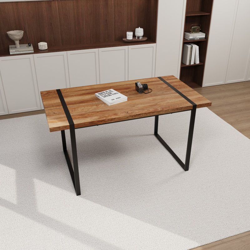 Table de salle à manger 59 po en bois aggloméré rectangulaire industriel moderne de 59 po, 4 à 6 personnes, plateau de table en bois d'ingénierie de 1,5 po d'épaisseur et pieds rectangulaires noirs en métal, utilisés pour la maison et la cuisine