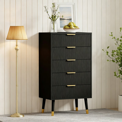 Commode à 5 tiroirs pour la chambre à coucher, commode à tiroirs pour garde-robe moderne, unité de rangement pour armoire de commode avec rangement, petite commode cannelée pour la chambre à coucher, noir
