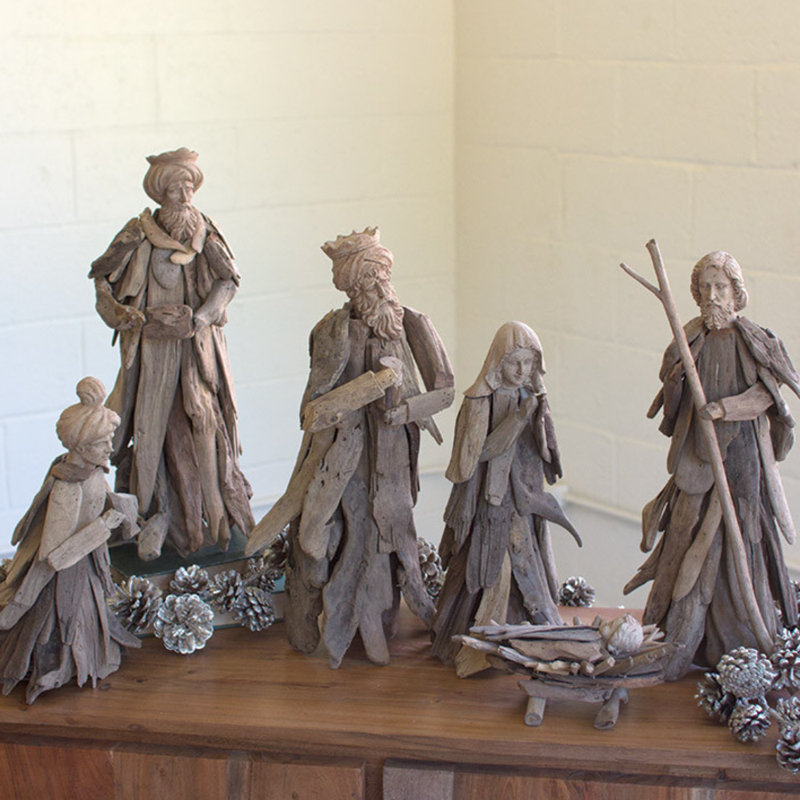  Ensemble de crèche de Noël en bois flottant H 18,5 po, exposition d'art populaire brun naturel, ensemble de six