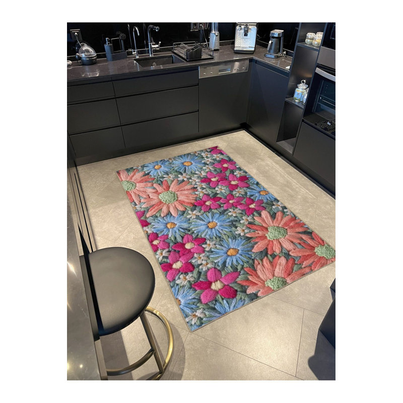 Tapis tissé à motif floral rouge, bleu et rose, Carré 3 pi 3 po 