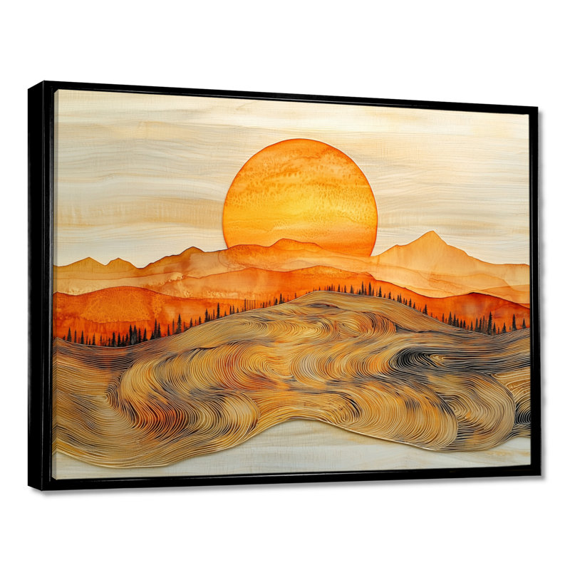 Lever de soleil sur un horizon de montagne en marbre - forêt, art mural, H 30 po x l 40 po, Picture Framed, Noir