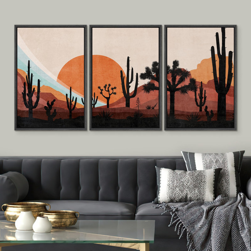 Desert " Southwestern Desert Orange Sunset Dusk Cactus Joshua Tree Silhouette West Landscape Modern Ultra " 3 - Pieces, Noir