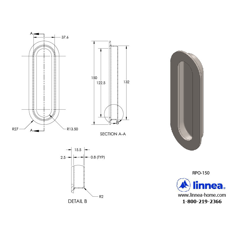 Recessed Pull Plate, Satin Stainless Steel, 4.01" H x 2" W x 1" D