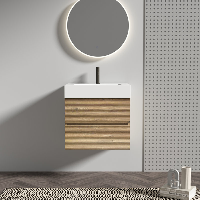 Wall Mounted Rough Bathroom Vanity With Integrated Ceramic Sink With Overflow, Natural, 24"