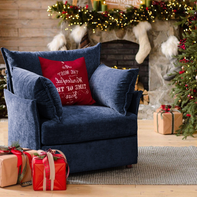 Merchelle 36'' W Oversized Premium Chenille Armchair With Accent Pillow & Removable Cushions, Blue Chenille, No