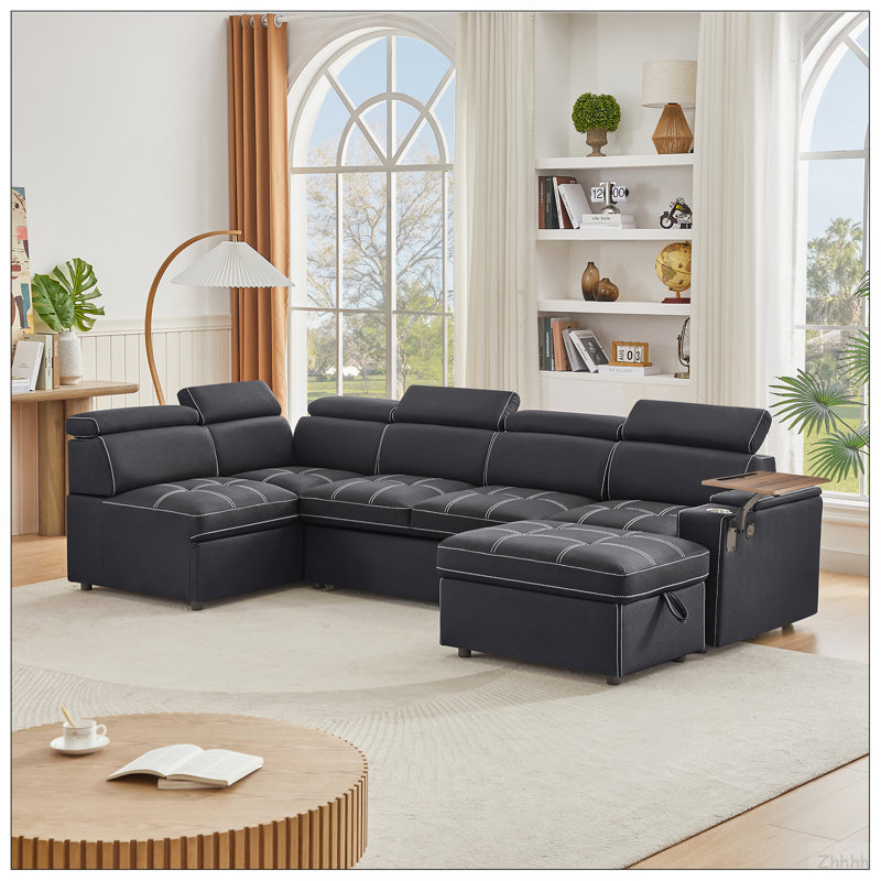 Black Fabric Sectional Sofa with Storage Ottoman