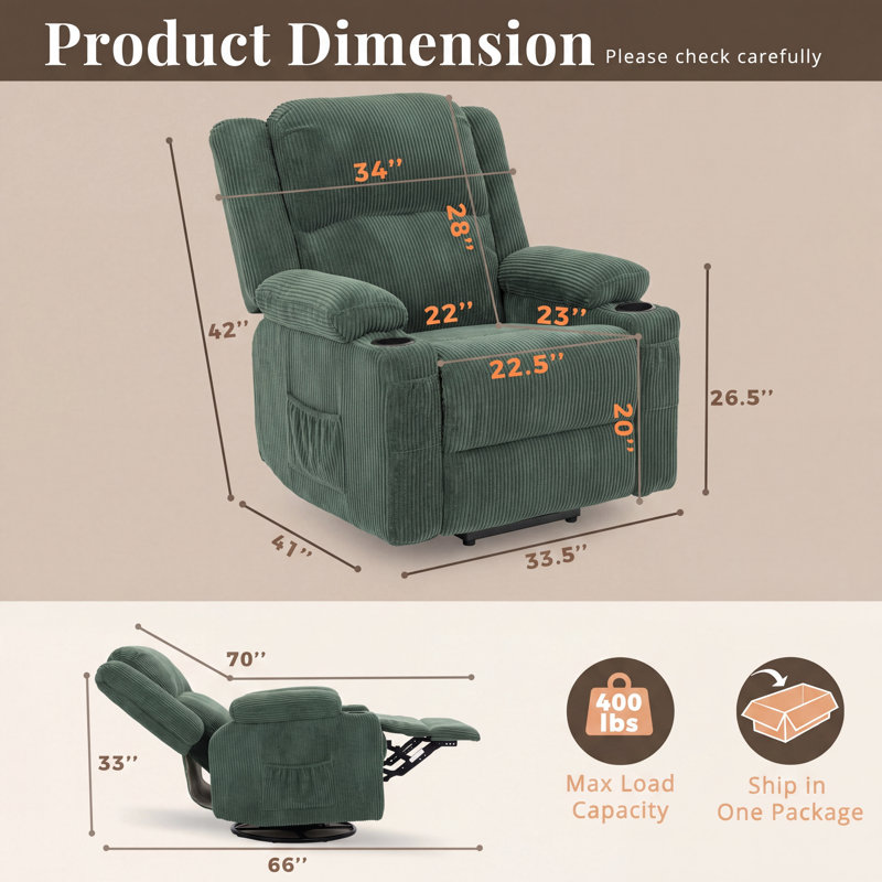 360 Degree Swivel Rocker Recliner Chair with Heat and Massage,Green, Green