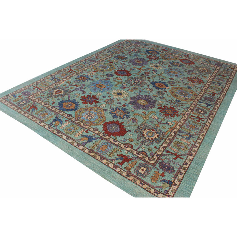 Tapis unique bleu, rouge, mauve et ivoire de 8 pi 11 po x 11 pi 6 po