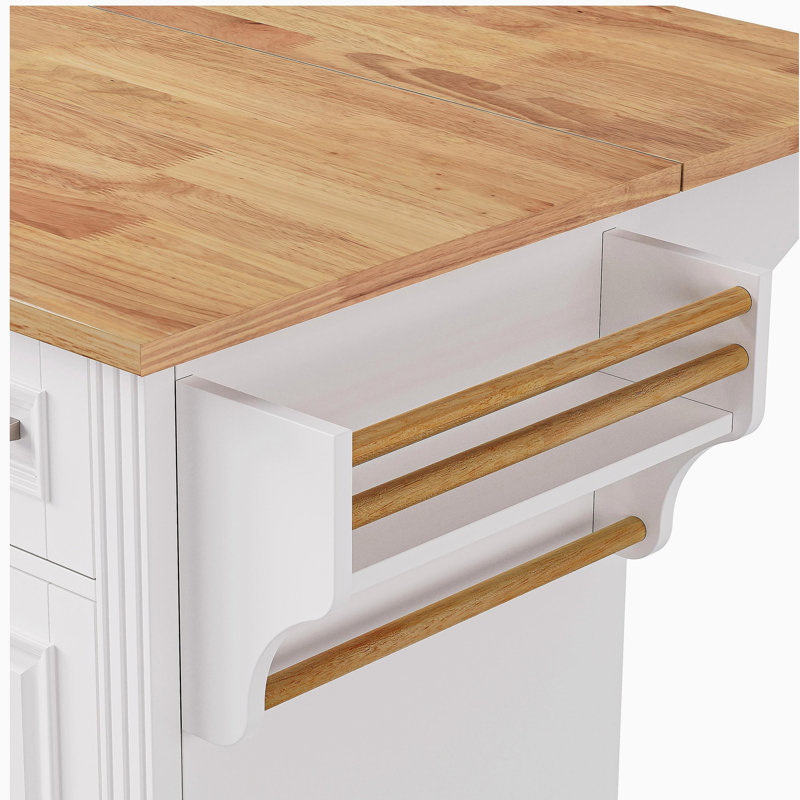 54-inch large kitchen island with rubberwood flip-top, textured texture four-wheel rolling kitchen cart with 4 doors and 3 drawers, suitable for kitchen, dining room, white