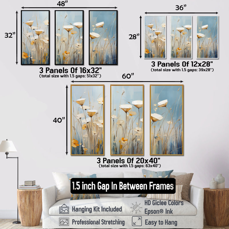 «Beige Minimalisme Wildflowers Breeze» - ensemble d'art mural fleurs sauvages, Cadre naturel flottant