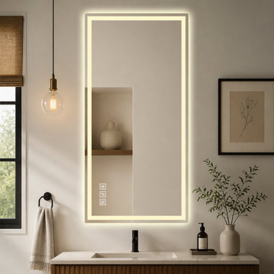 Miroir de salle de bain mural 48 po x 24 po à DEL avec design à bord droit, finition en verre givré, antibuée, éclairage 3 couleurs à intensité variable, verre argenté sans cuivre