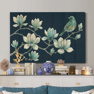 Serene Bluebird East Asian Ink Traditional Ink Brush Canvas Wall Art, 24" x 36" Gallery Wrapped Canvas Print, Blue & Ivory Japanese Ink Wall Decor for Living Room, Bedroom & Home Office