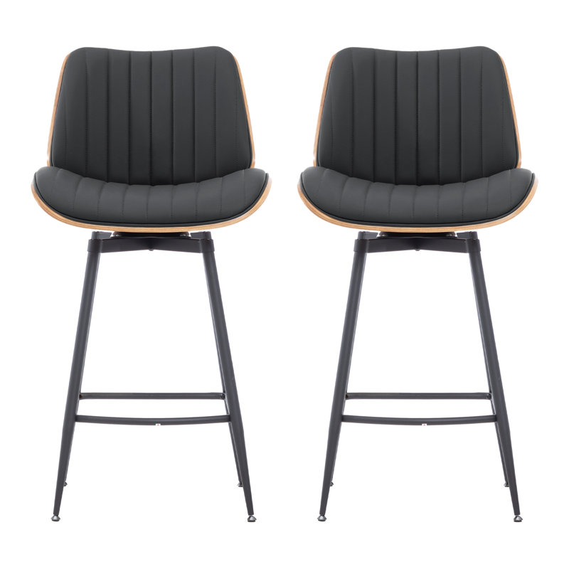 Walnut Bentwood & Faux Leather Swivel Bar Stool with Metal Legs and Footrest, Black