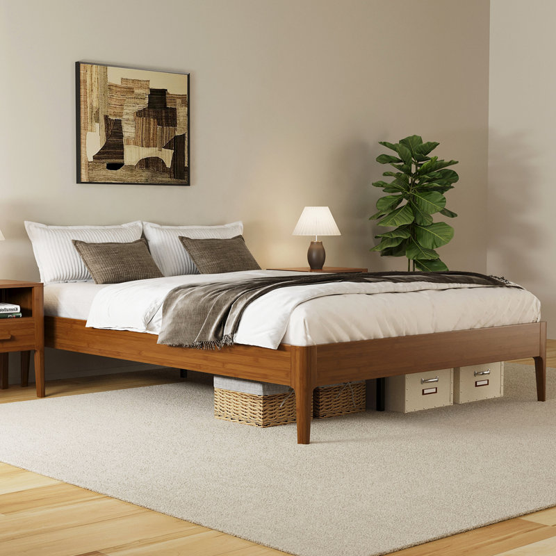 15 Inch High Queen Size Solid Dry Bamboo Wood Platform Bed Frame, With Wood Slat Metal Support, Modern & Minimalist Style, No Box Spring Needed, Easy Assembly, Brown