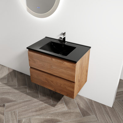 Meuble-lavabo de 30 po avec lavabo en céramique noire. 2 tiroirs. Inquisitions modernes. Bassin en contreplaqué. Fixation murale à fermeture en douceur. Style contemporain.