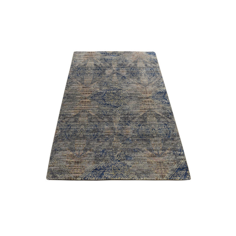 Tapis bleu en soie noué à la main 3 pi x 5 pi à motif de rosette effacé 561BB4935A0F4A60AD4E6783C7A7F235