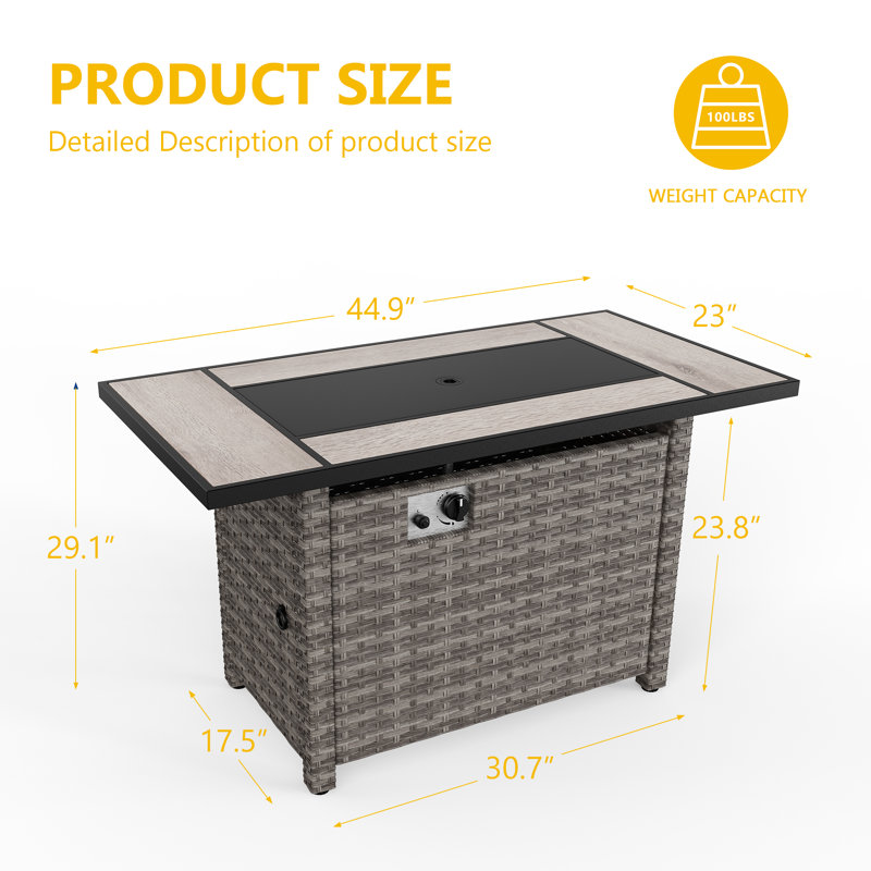 45 inch 50,000 BTU Outdoor Wicker Patio Gas Fire Pit Table, Gray