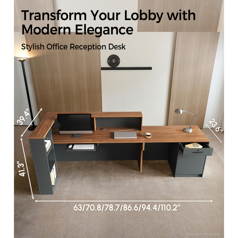 Bureau de réception en L avec comptoir, 41.3" H x 86.6" W x 23.6" D, Brown/Brown+Grey