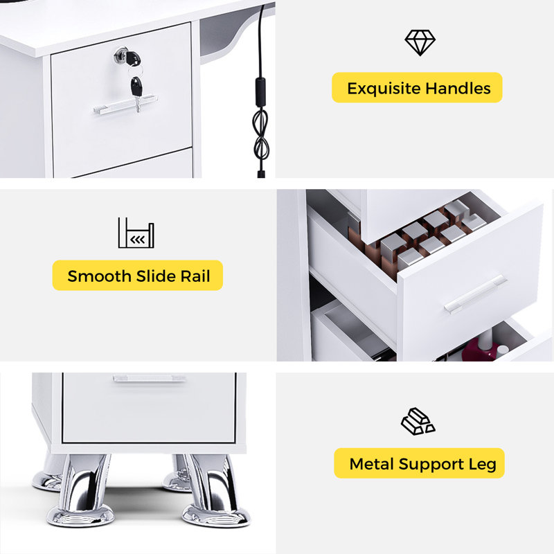 Avriel L-Shaped Manicure Table with Drawers and Shelves for Storage, Nail Table Station with Electric Dust Collector, Wrist Cushion