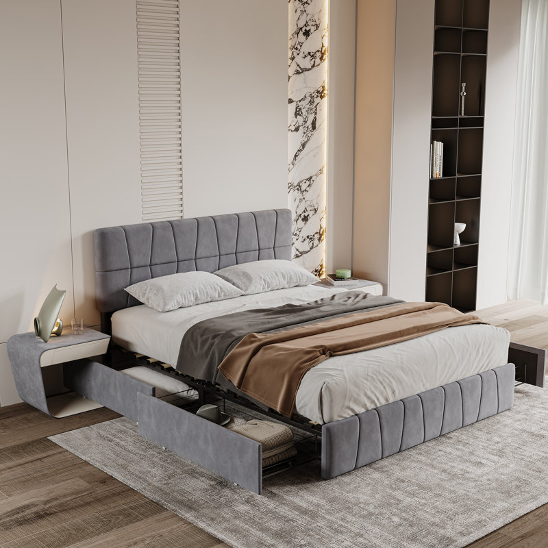 Barsky Velvet Upholstered Bed With 4 Drawers, European Kingsize (160 x 200 cm)