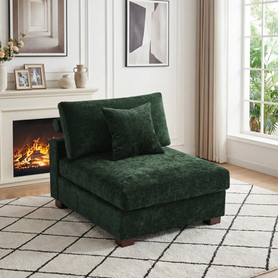 Upholstered Green Chenille Armless Chair with Pillow Back, Single Chair Module Part For Sectional Sofa