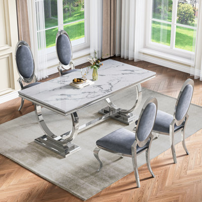 Rectangular Luxury Dining Table Set Of 4,70”Faux Marble Top With U-Shape Metal Base Dining Table For Dining Room