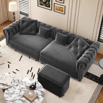 89" Velvet Upholstered Chesterfield Sofa King-Size Pull-Out Sofa Bed, Convertible Sleeper Couch with 4 Pillows, Gray