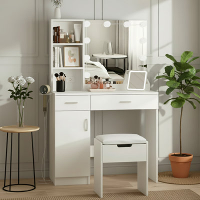 White, Vanity Table With Light And Mirror, Built-In Power Outlet + Multi-Layer Storage Shelves, Bedroom Dressing And Storage Integrated Vanity Table.
