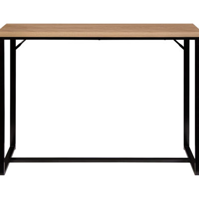 Console de style côtier au design américain moderne, plateau en bois naturel et pieds en métal noir, 99 cm x 36 cm x 79 cm, idéale pour le rangement dans une entrée, style polyvalent, utilisable dans un couloir.