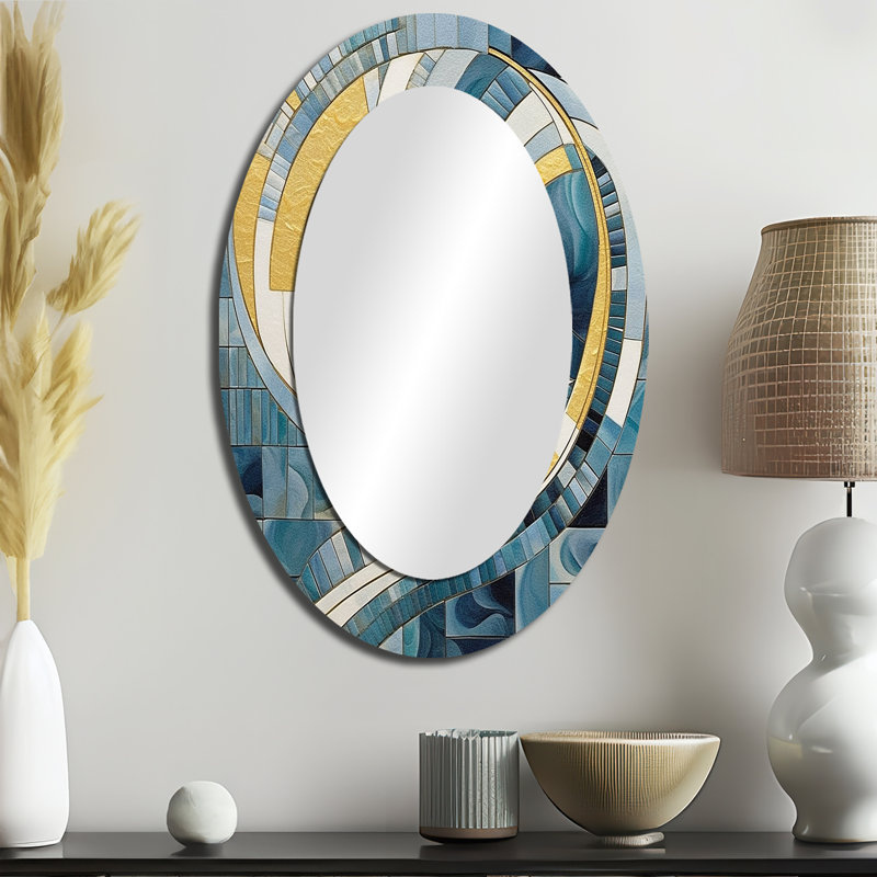 Gold Constructing Blue Realms II - Grand miroir mural ovale sur métal, 36 po x 24 po
