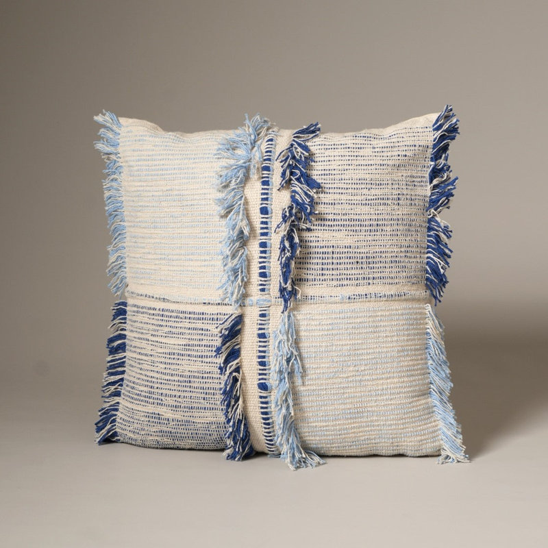Coussin décoratif en coton à franges bleues avec garniture en polyester, tissu texturé tissé, 45,7 cm x 45,7 cm