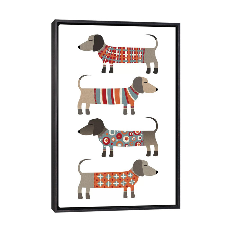 «Sausage Dogs in Pulls» par Nic Squirrell - impression, H 48 po x l 32 po x P 1,5 po, Toile avec cadre noir patiné