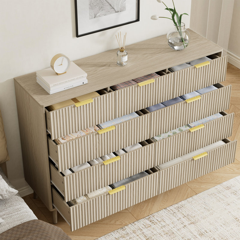 Fluted 9-Drawer Double Dresser For Bedroom, 55.1" Modern Chest Of Drawers With Deep Drawers, Curved Profile Design, Wood Drawer Organizer For Living Room, Hallway, Nursery, Hallway Closet