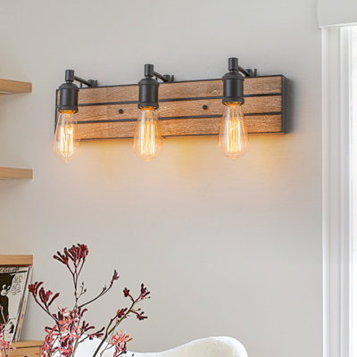 Applique murale de salle de bain 3 lumières rustique en bois rustique rétro et noir mat, luminaire industriel