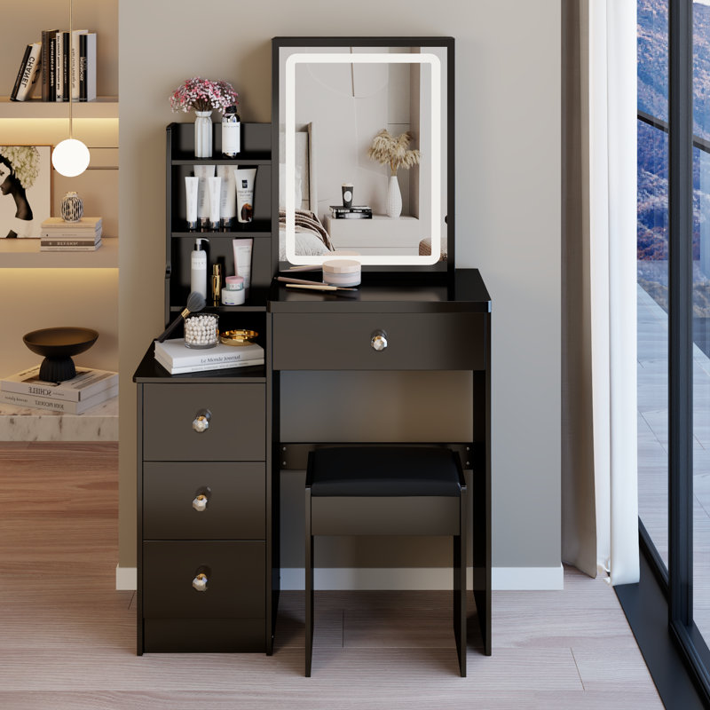 Compact Vanity Table with LED Mirror & Stool, Dressing Table with Adjustable Lighting & Storage